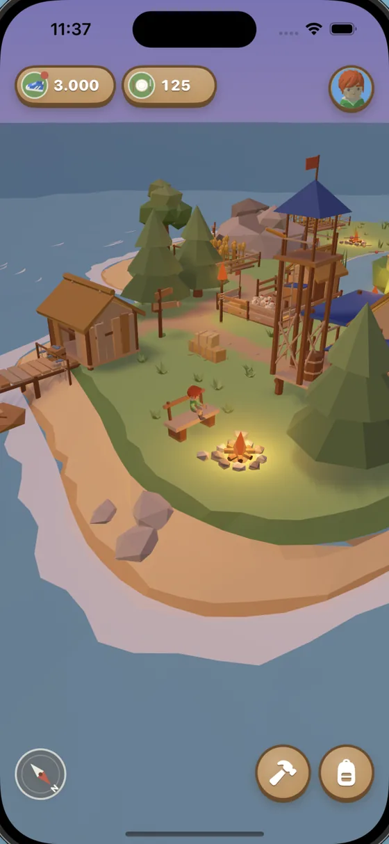 Die Insel mit Hütte, Aussichtsturm und Lagerfeuer