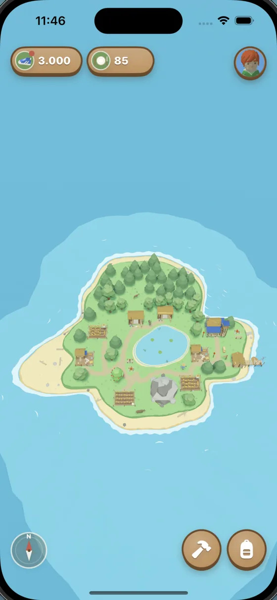 Eine ausgebaute Insel von oben mit Teich, Feldern und Gebäuden