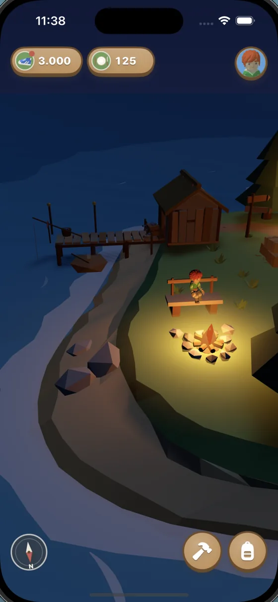 Die Insel bei Nacht, die Spielfigur sitzt auf einer Bank am Feuer